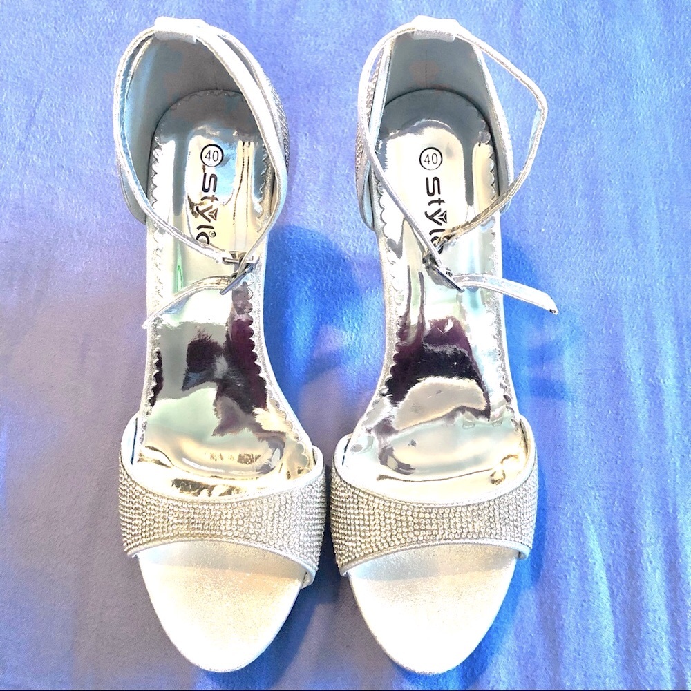 Stylo Silver Diamanté Studded Fancy High Heels Adjustable Ankle Strap